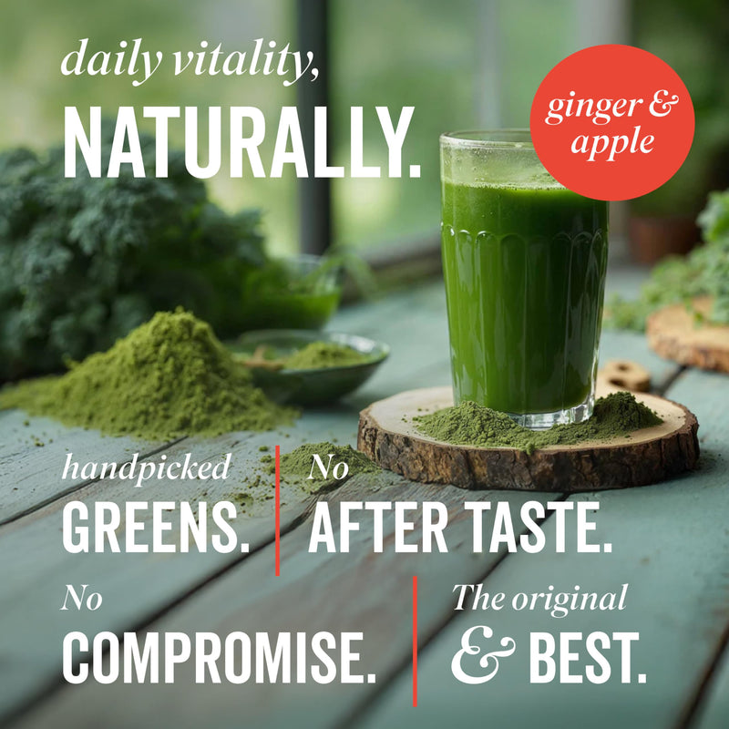Grass & Co. Active Super Greens | Vegan Daily Greens Powder | 120g | Supports Energy, Digestion & Immunity | with Lion’s Mane, Moringa & Vitamins C, K2 & D3 | Apple & Ginger Flavour | 30 Day Supply Powder | 30 Servings
