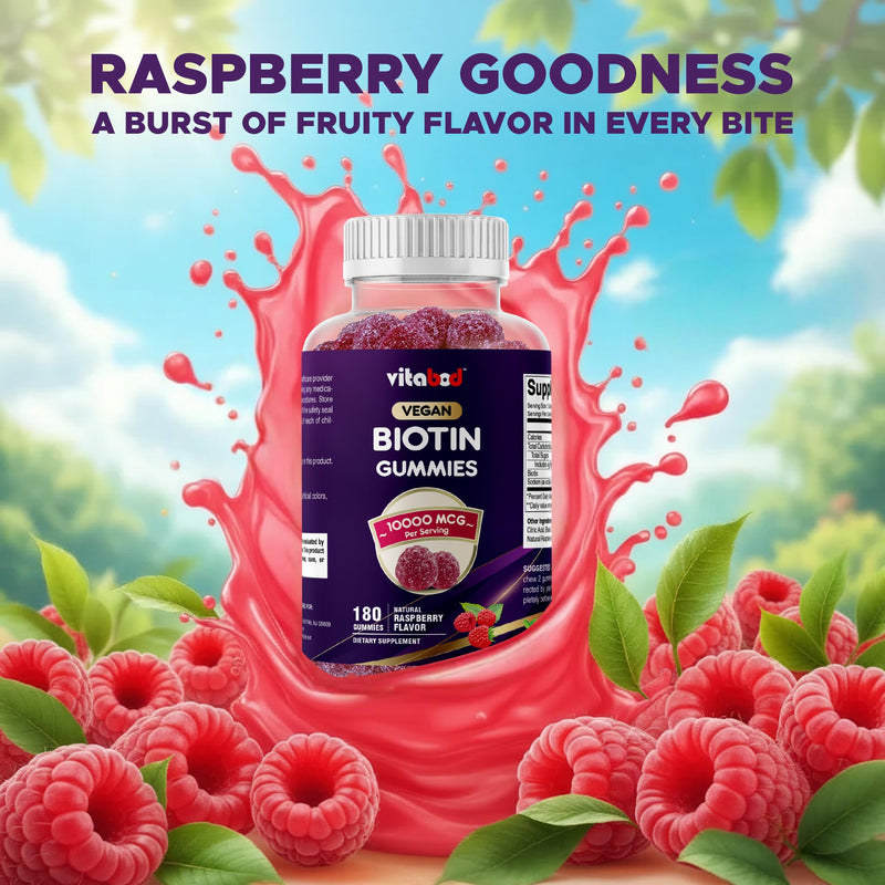 Vitabod Biotin Gummies 10,000 mcg – 180 Vegan Gummies Hair, Skin & Nails Support for Women, Men & Kids – Non-GMO, Gluten-Free, Delicious Flavor