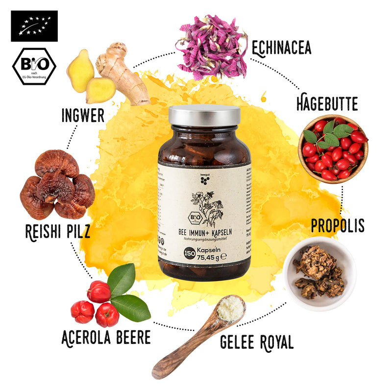 [Australia] - beegut BIO beeImmun 150 capsules with the wisdom of bees (propolis & royal jelly) plus natural vitamin C, rose hip, reishi & echinacea in sustainable packaging 