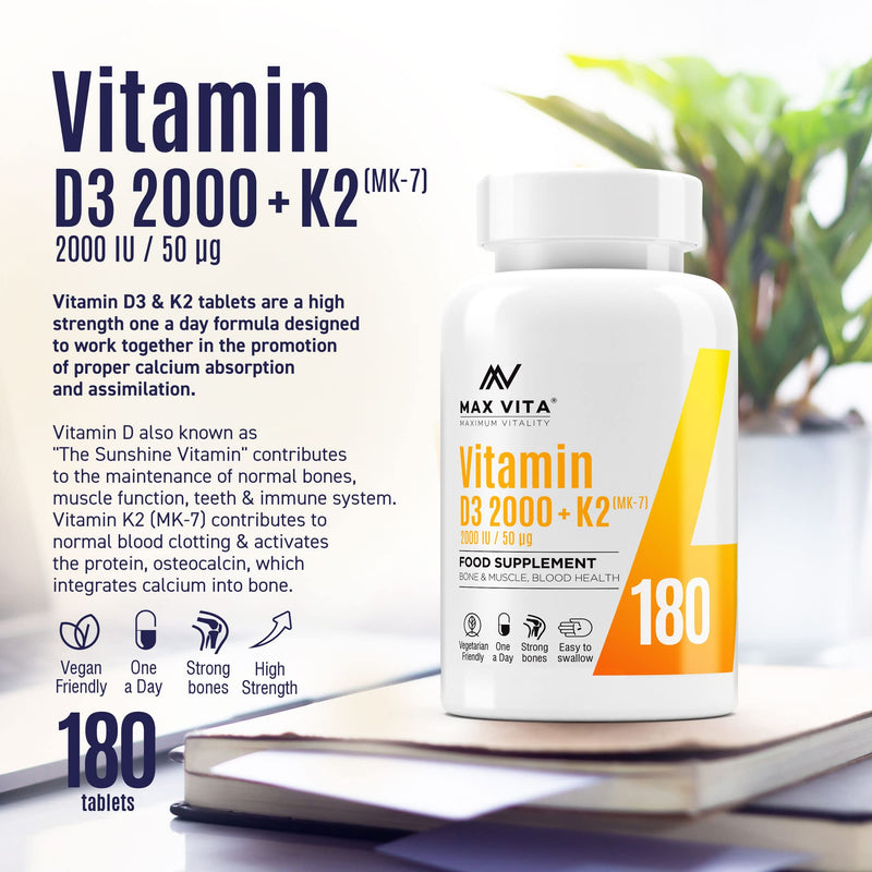 Vitamin D3 2000 IU K2 (MK-7) 100mcg - High Strength Vegetarian 180 Tablets - D3 K2 Cholecalciferol & Menaquinone from Natto - Bones Muscle Teeth Immune System Support - UK Made Non GMO