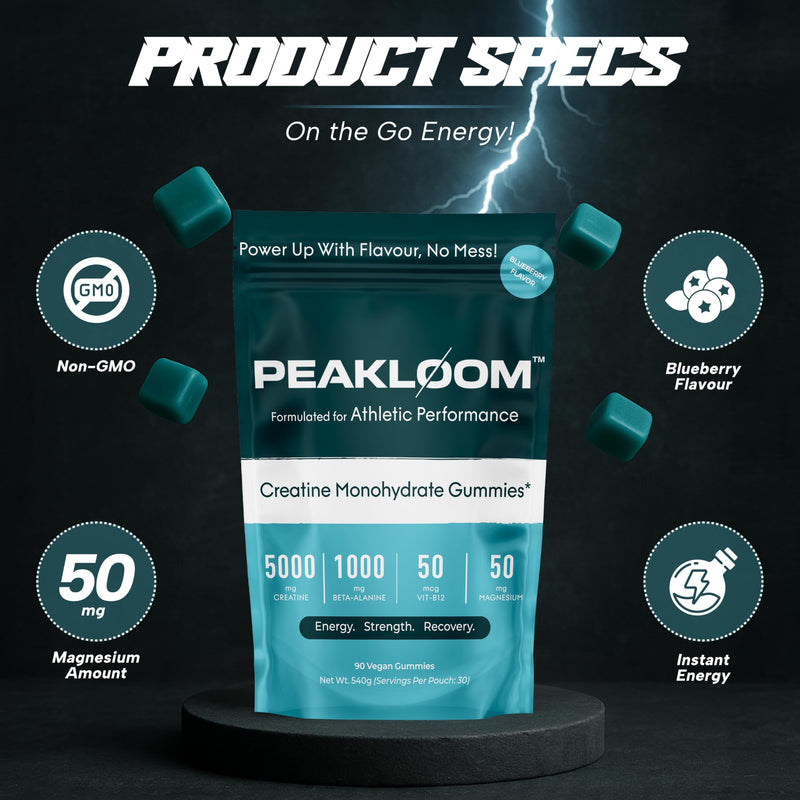 Creatine Monohydrate Gummies, 5000mg Creatine, 1000mg Beta-Alanine, with Added Magnesium & VIT B12, 90 Vegan Gummies, Gym Supplement for Men & Women (30 Day Supply, Blueberry Flavour)
