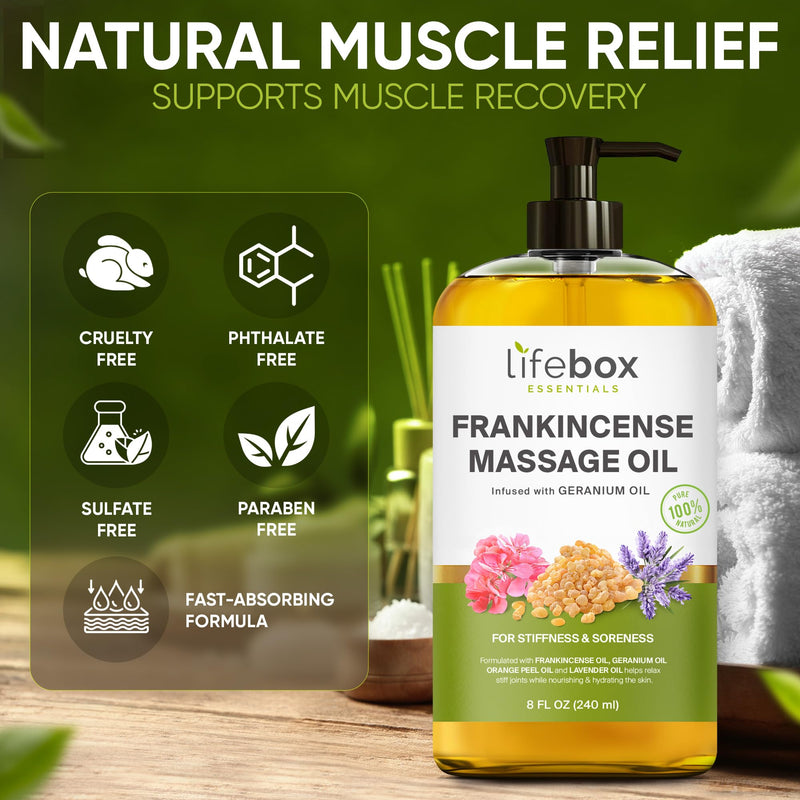 [Australia] - Frankincense Massage Oil – 100% Pure & Natural - Massage Therapy Oil for Soreness & Stiffness – Stretch Marks and Scars Body Oil Infused with Frankincense Essential Oil and Geranium Oil – 8 FL OZ 8 Fl Oz (Pack of 1) Frankincense - 8 Fl Oz (Pack of 1) 