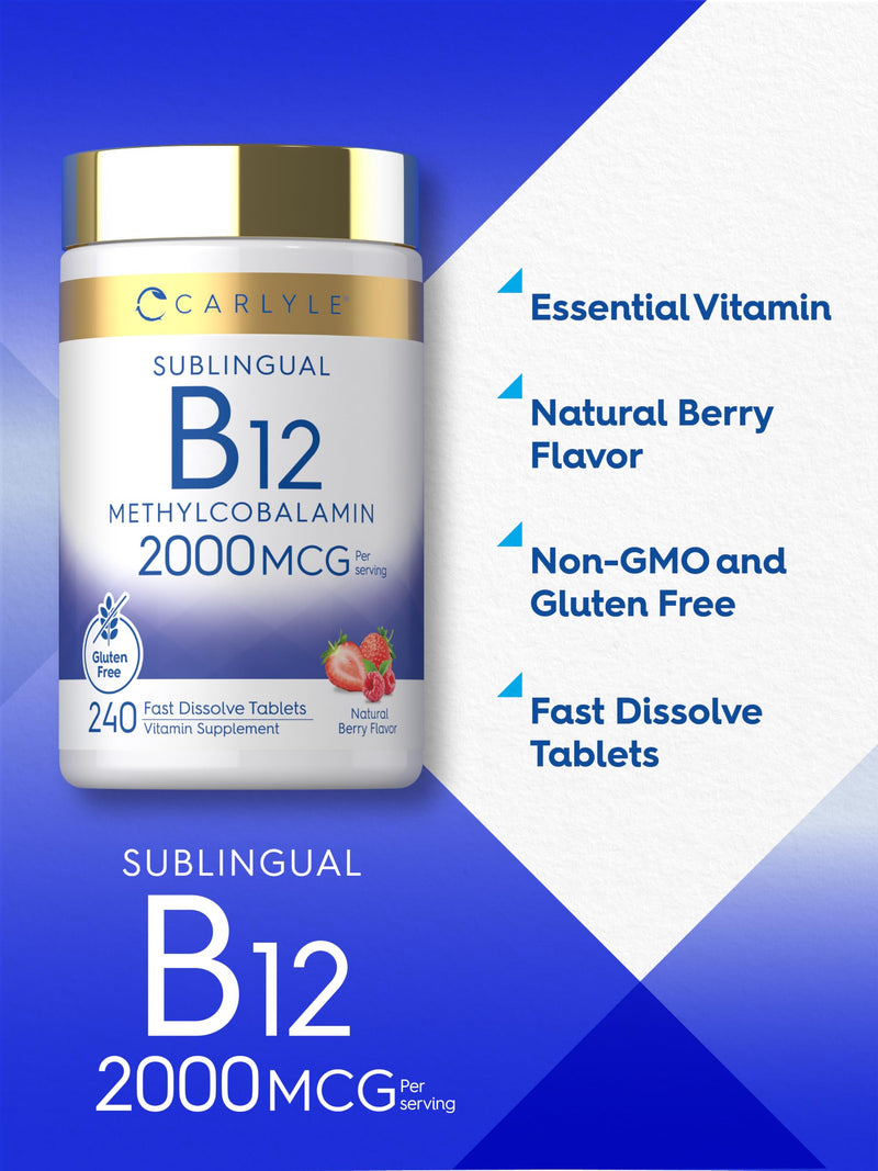 Carlyle B12 Vitamin 2000 mcg | 240 Fast Dissolve Tablets | Sublingual Methylcobalamin | Berry Flavor | Vegetarian, Non-GMO & Gluten Free Supplement