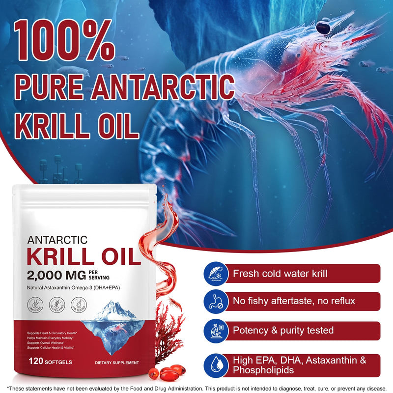 Antarctic Krill Oil 2000mg Softgels with Omega-3s EPA, DHA, Astaxanthin and Phospholipids Supplement 120 Softgels