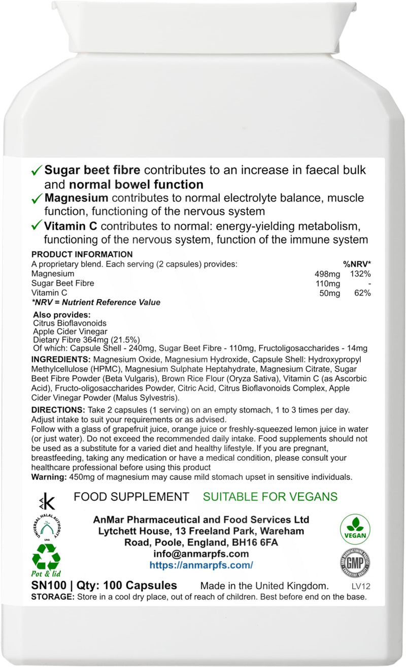 AnMar® Digesticlean Pro Mg – Magnesium Digestive Support Complex with Sugar Beet Fibre, Inulin & Vitamin C – Bowel Support & Digestive Health Supplement – Vegan Capsules – 100 Capsules