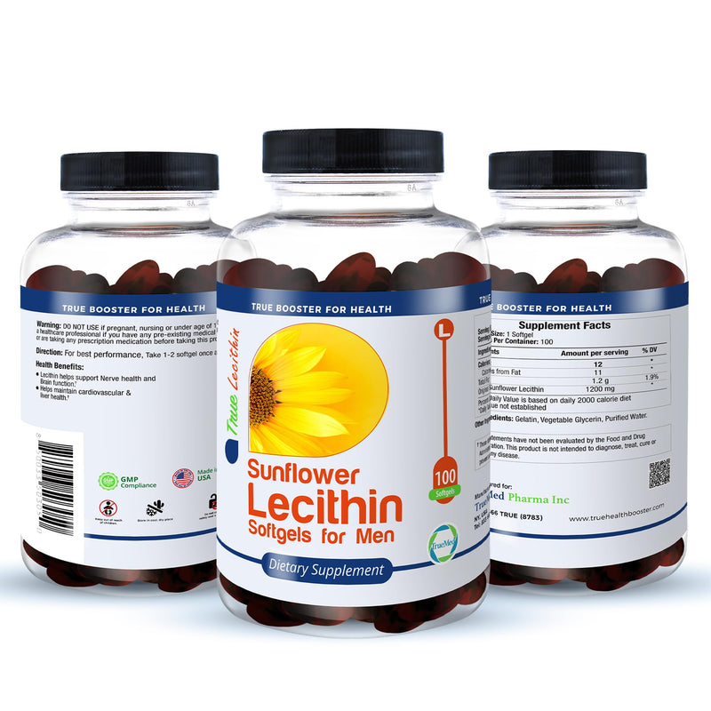 [Australia] - Sunflower Lecithin Softgels for Men - 100 Softgels - Brain Health & Vitality Support - 1200mg Natural Formula - Non-GMO - Focus, Heart Health, Choline Rich - Optimal Absorption. 