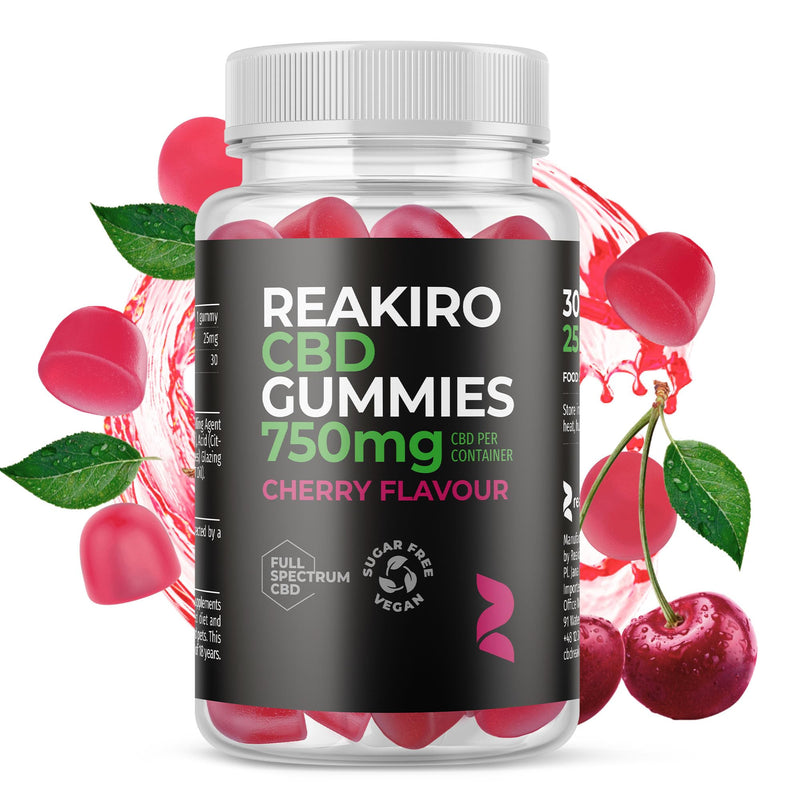 Reakiro CBD Vegan Gummies, 750mg, 30 Pieces, Cherry Flavour I 25mg per Gummy | 100% Vegan-Friendly CBD Edibles | High Strength | Stress & Anxiety Relief | Delicious Cherry Flavour 30 Capsules