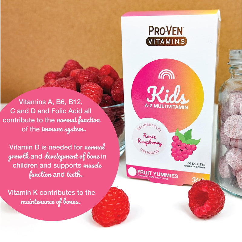 Proven A-Z Kids Multivitamin Chewable Tablets Raspberry Flavour Yummies 60 Tablets Daily Childrens Multivitamins with 13 Essential Vitamins for Immune Function, Bones, Teeth & Energy - 2 Month Supply