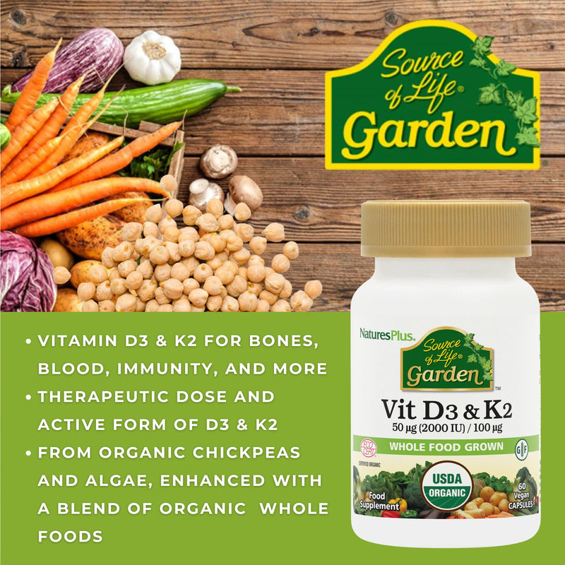 NaturesPlus Source of Life Garden Organic Vitamin D3 2000IU with K2 100mcg - Vegan Vitamin D3 and K2 Supplement - Immune Support, Bone Health - Gluten Free - 60 Capsules 60 Count (Pack of 1)