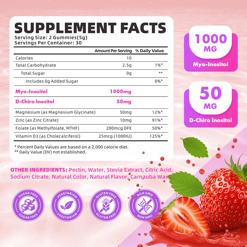 softbear Inositol Supplement for Women, Myo-Inositol & D-Chiro Inositol Gummies 1000mg with Vitamin D3 for POCS Support & Female Wellness, Sugar-Free/Veagn/GMO-Free, Strawberry Flavor, 120 Count 60 Count (Pack of 2)