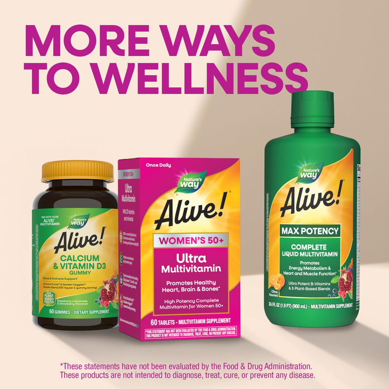 Nature's Way Alive! Women's 50 Plus Ultra Potency Multivitamin, 60 ct | Complete and High Potency Formula with Vitamin D3, C, E, and Methylated B12; Supports Heart, Brain, and Bone Health*. 60 Count (Pack of 1)
