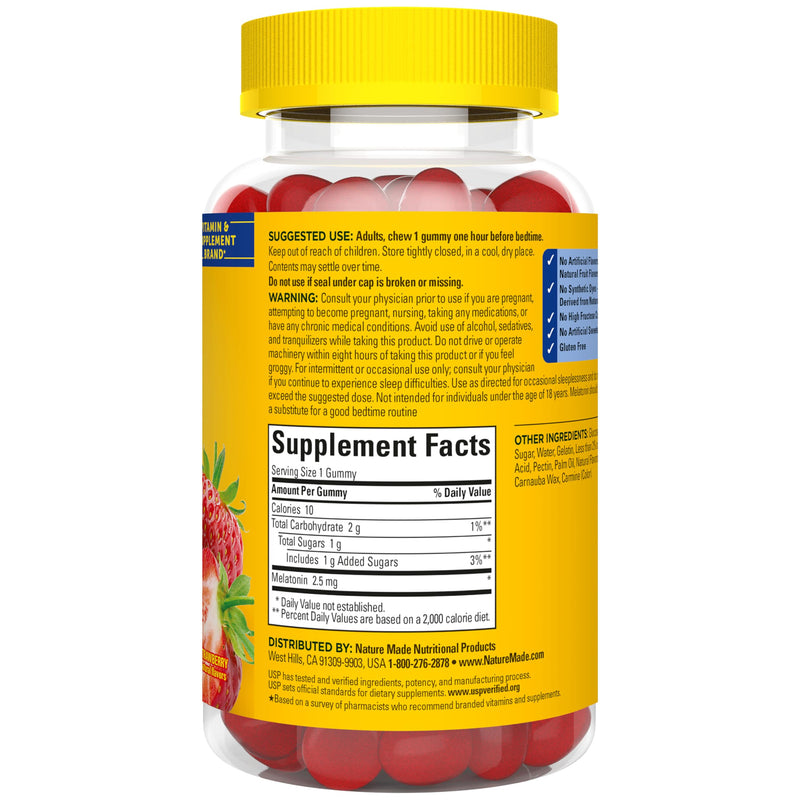 Nature Made Melatonin Gummies 2.5 mg, 100% Drug Free Sleep Aid, 130 Count | Lower Dose Melatonin Supplement for Men and Women, Sleep Aid for Adults, Strawberry Flavor, 130 Day Supply Dreamy Strawberry 130 Count (Pack of 1)