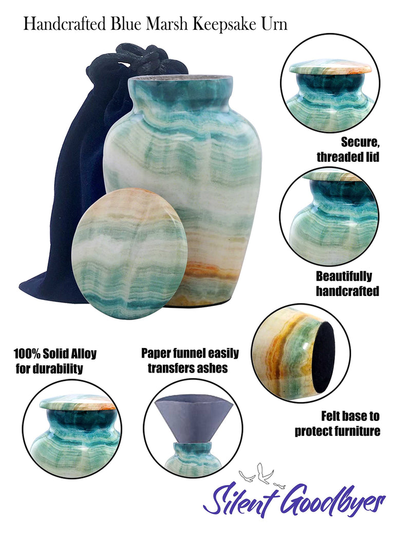 [Australia] - Small Keepsake Cremation Urns for Human Ashes - Marble Finish Metal Keepsake Urn - Mini Cremation Urn for Pet Ashes - Handcrafted Memorial Urn - Funeral Urns with Velvet Bag (Blue Marsh) Blue Marsh 