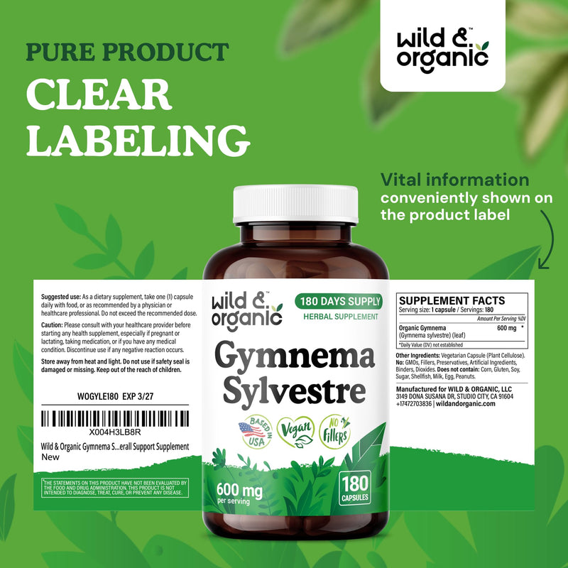 [Australia] - Wild & Organic Gymnema Sylvestre Capsules 600 mg - Overall Support - Natural Gymnema Supplement - Gurmar Herb Powder - 180 Days of Supply - Vegan, No Fillers, Non-GMO - 180 Count 