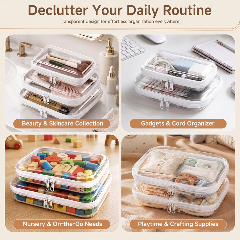 4 Pack Clear Hard Shell Zipper Case Diaper Organizer | 1.0mm Hard Shell, Upgraded Large Zipper Pulls, Clear Travel Pouches, Smooth Zipper Closure, Holds Shape White 4 Pack (XS+S+M+L)