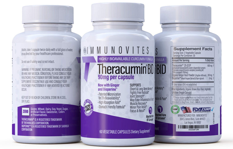 [Australia] - Theracurmin BID 300mg (Nano Curcumin 90mg per Cap.) [[600mg per Serving]] - Now w/Ginger & Bioperine (60ct Bottle) 60 Count (Pack of 1) 