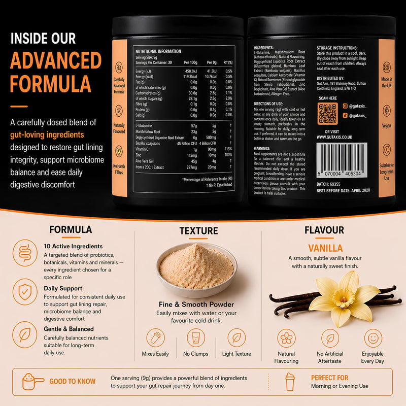 Advanced Gut Repair Formula 270g Vanilla | 5g L-Glutamine, Marshmallow Root, DGL, Aloe Vera & Zinc | Advanced Gut Support with 4 Billion CFU Probiotic | Vegan & Halal