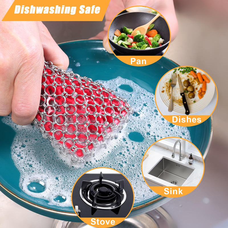 [Australia] - Cast Iron Scrubber, Skillet Chainmail Scrubber for Cast Iron Pan - Chain Mail Scrubber Cast Iron Sponge - Metal Scrubber Cast Iron Skillet Cleaner, Wok, frying pans, Dutch Oven Cleaning Scrubber 