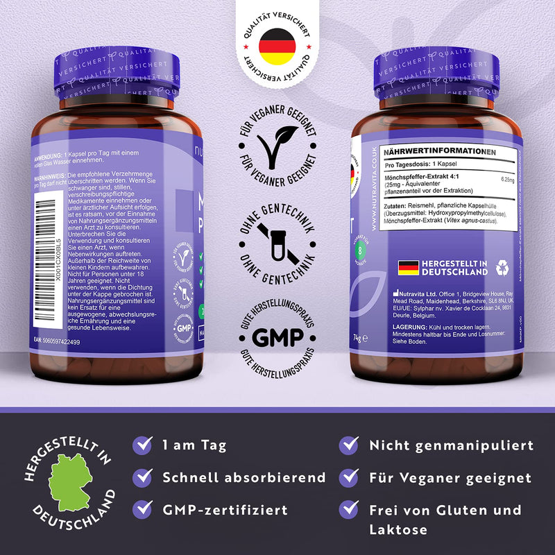 [Australia] - Monk's Pepper Capsules High Dose - 240 Vegan Capsules - 4:1 Extract from Real Vitex Agnus Castus - No Additives & Vegan - Monk's Pepper from Nutravita - Monk's Pepper Capsules 