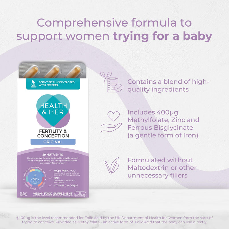 Health & Her Fertility & Conception Original - prenatal Vitamins for Women- Contains Folic Acid, Vitamin D, B12, Zinc and Magnesium - 1 Month Supply - 60 Capsules - Vegan & Gluten Free 60 count (Pack of 1)
