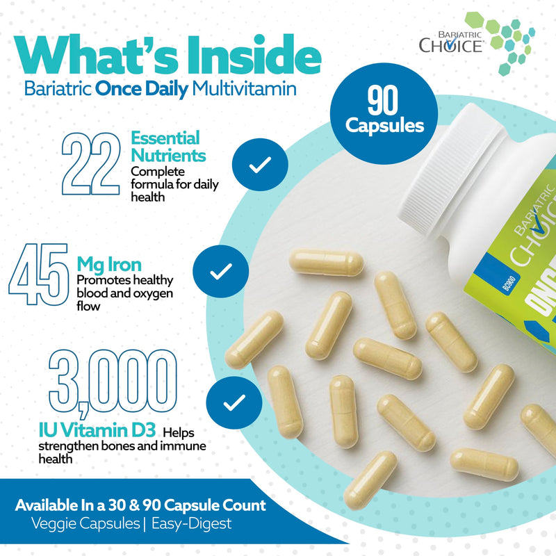 Bariatric Choice Once Daily Bariatric Multivitamin with Iron 45mg, 3 Months | 3-Mo Supply, Once Daily Easy-to-Swallow Capsule for Gastric Bypass & Sleeve Patients – High Potency Vitamins A, D, B12, More 1 Count (Pack of 90)