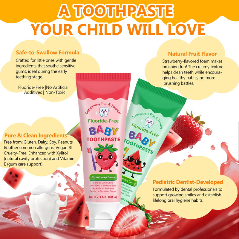 2PACK Kids Toothpaste Watermelon and Strawberry Flavor, Swallowable Toothpaste with xylitol and Vitamin E, Fights Plaque, Designed for Children, 2.1OZ Strawberry+Watermelon