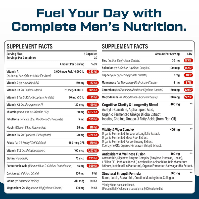 Multivitamin for Men 50+ with Methylated B12 & Folate, 180 Capsules | 43-in-1 iron-free men’s formula with Omega-3, CoQ10, fermented herbs, probiotics, and daily wellness support 90 Count (Pack of 2)