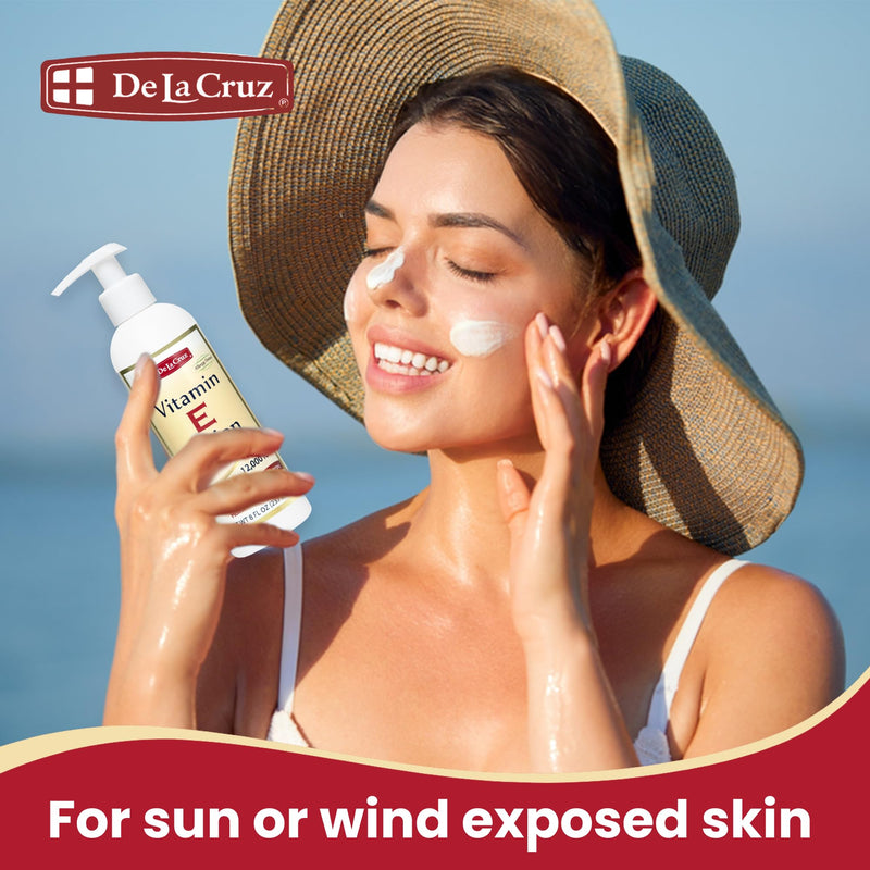De La Cruz Vitamin E Lotion with 12,000 IU for Dry Skin, 8 fl. oz. (236 mL) | Vitamin E 12000 IU, Dry & Rough Skin, Hands & Body Lotion, Aloe Vera, Avocado & Almond Oils, Allergy Tested, With Pump