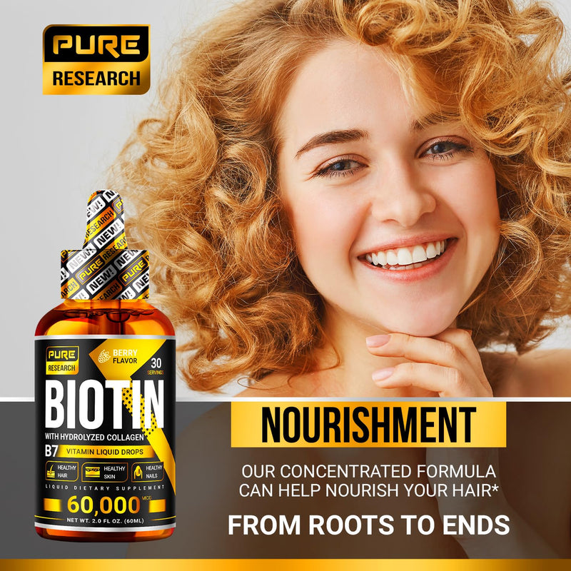 [Australia] - PURE RESEARCH Liquid Biotin & Collagen Hair Growth Drops 60,000mcg - Biotin and Liquid Collagen Supplement for Men & Women - Glowing Skin Support, Healthy Hair & Nail Growth - 2oz 2 Fl Oz (Pack of 1) 