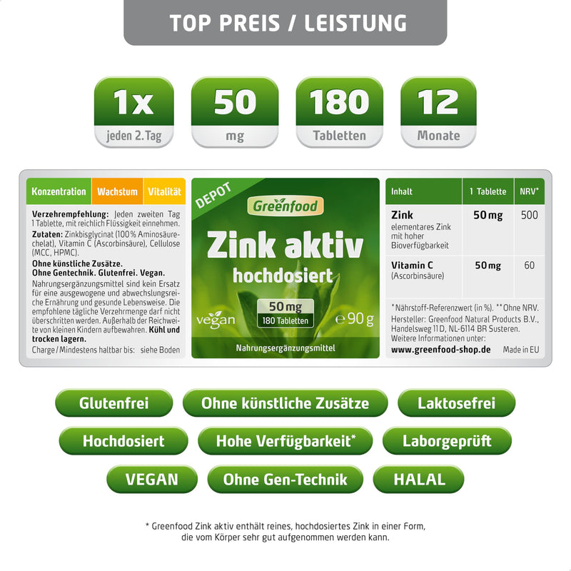 [Australia] - Zinc tablets - High dose 50 mg zinc bisglycinate per day (180 vegan tablets) - High bioavailability thanks to bisglycinate for the immune system - without additives - Greenfood zinc active with vitamin C 