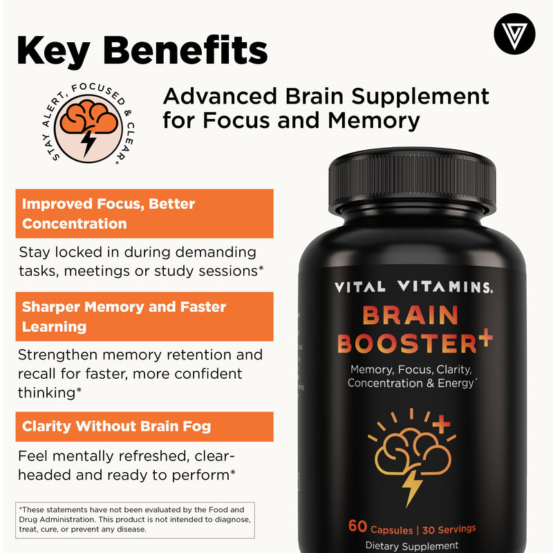 Vital Vitamins Brain Booster Plus for Memory, Focus & Clarity | Five Nootropic Blends with Lion's Mane Mushrooms, Ginkgo & Rhodiola, Vegan, 60 Capsules 60 Count (Pack of 1)