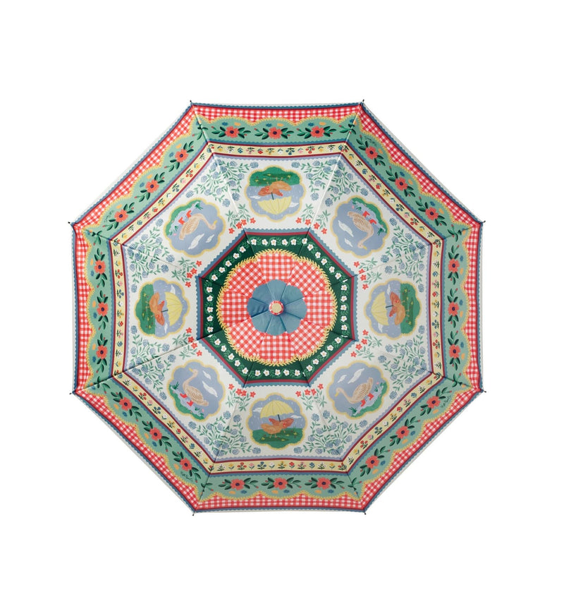 RIFLE PAPER CO. Home Sweet Home Umbrella with Matching Storage Sleeve | Automatic Open Function, 43" Open Diameter, 11" Closed Length, Wooden Duck Handle, Wrist Strap, Folds to Portable Size