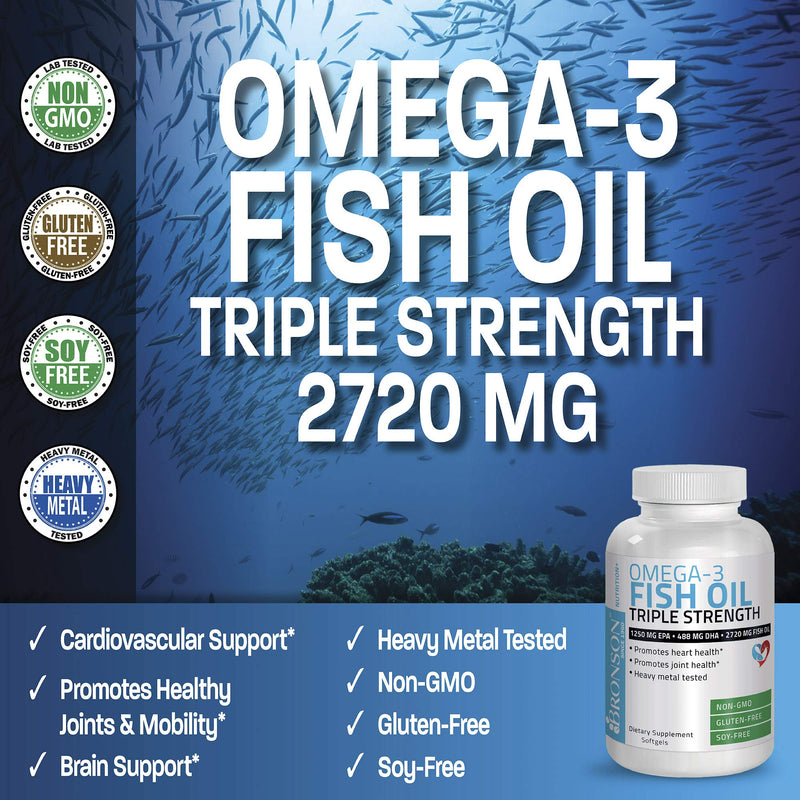 [Australia] - Bronson Omega 3 Fish Oil Triple Strength 2720 mg, High EPA 1250 mg DHA 488 mg, Non-GMO Heavy Metal Tested, 180 Softgels 180 Count (Pack of 1) 
