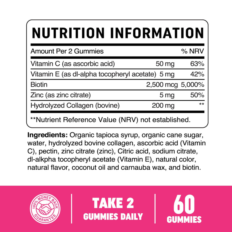 Collagen Gummies for Women | 200mg Hydrolyzed Collagen + 2500mcg Biotin, with Vitamin C, E & Zinc | Anti Aging, Hair Growth, Skin, Strong Nails | Non-GMO Collagen Supplements for Women | 60 Count