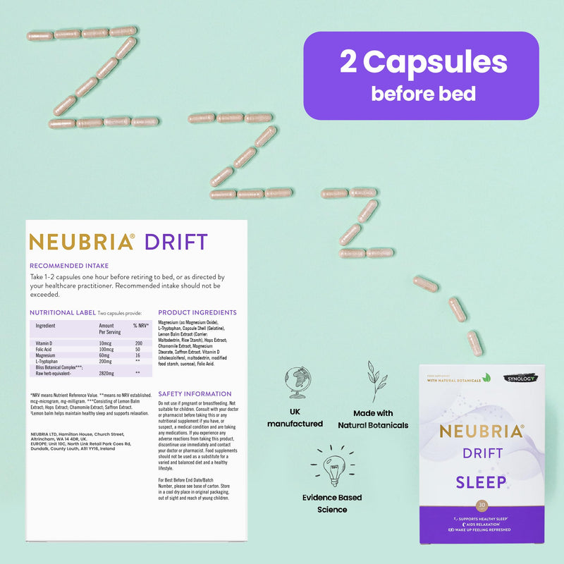 NEUBRIA Drift Sleep Supplement - Non Melatonin Herbal Sleep Blend for Adults with Lemon Balm, Hops, Chamomile, Saffron, L-Tryptophan, Magnesium & Vitamin D - Calm Night Sleeping Tablets - 60 Capsules Drift - Sleep 60 Capsules