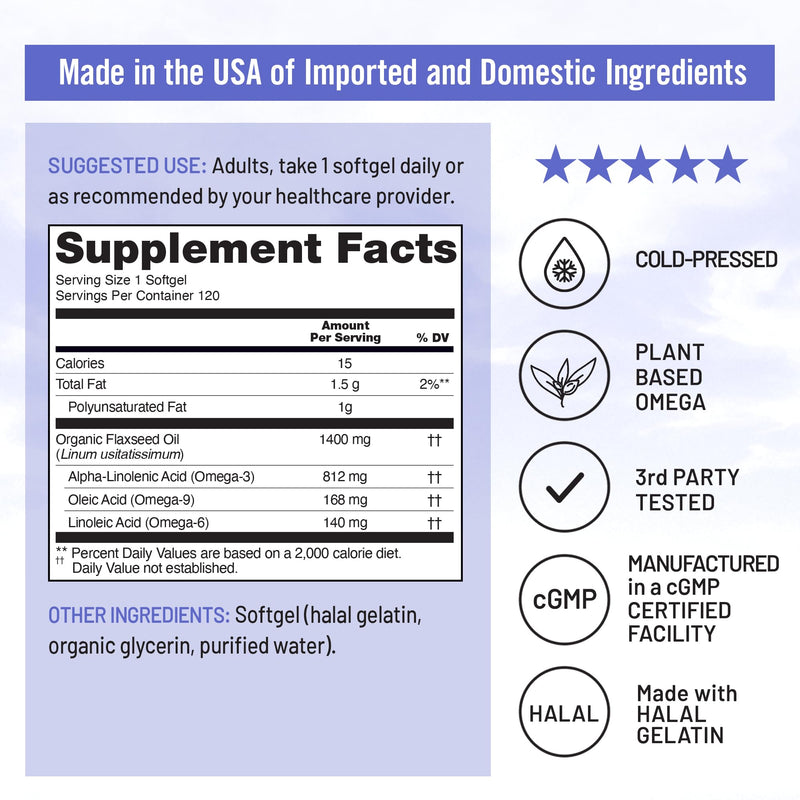 [Australia] - NatureWise Flaxseed Oil 1400 mg, Fish Free, High Potency Omega 3 with 812 mg ALA, Dietary Supplement for Heart Health Support - Organic, Cold Pressed, Non-GMO - 120 Softgels[120-Day Supply] 
