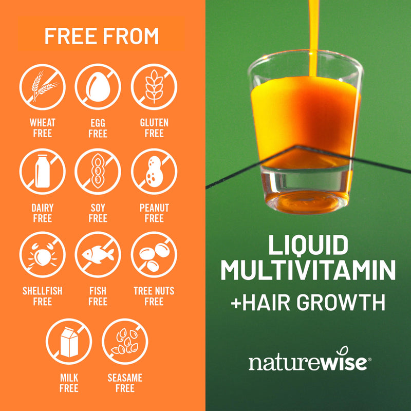 NatureWise Liquid Multivitamin Hair Growth for Women & Men + Tocogaia® for Hair Growth & Skin Elasticity Support + Biotin, Vitamin D, E, B - Sugar Free Multivitamin, Vegan - 30 fl oz[30 Servings] Peach Mango 30 Fl Oz (Pack of 1)