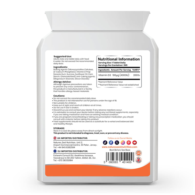 NATURES ZEST - Vitamin D3 4000 IU (100µg), High Strength D3 Vitamin for Calcium Absorption, Immune Support, Strengthen Bones, Teeth & Muscles | Vegetarian, Easy to Swallow, 365 tabs (1 Year Supply)
