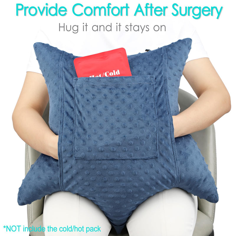 [Australia] - Heart Surgery Pillow Shock Absorbing for Open Heart Surgery After Bypass Coughing with 2 Pockets - Recovery Gifts with Hands Placement Pouch, Minky Dot Denim Blue Star Lounger - Minky Denim Blue 