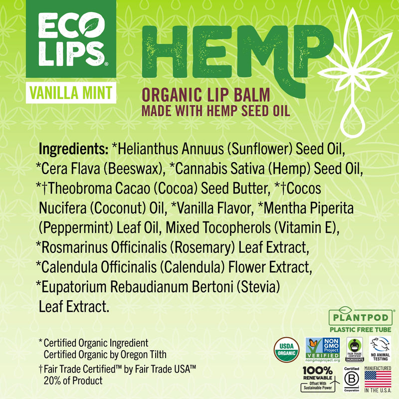 Eco Lips Organic Hemp Lip Balm Vanilla Mint, 6 pack | With Coldpressed Hempseed Oil, Coconut Oil, and Vitamin E | Deeply Moisturizes Dry, Chapped Lips 6 Count (Pack of 1)
