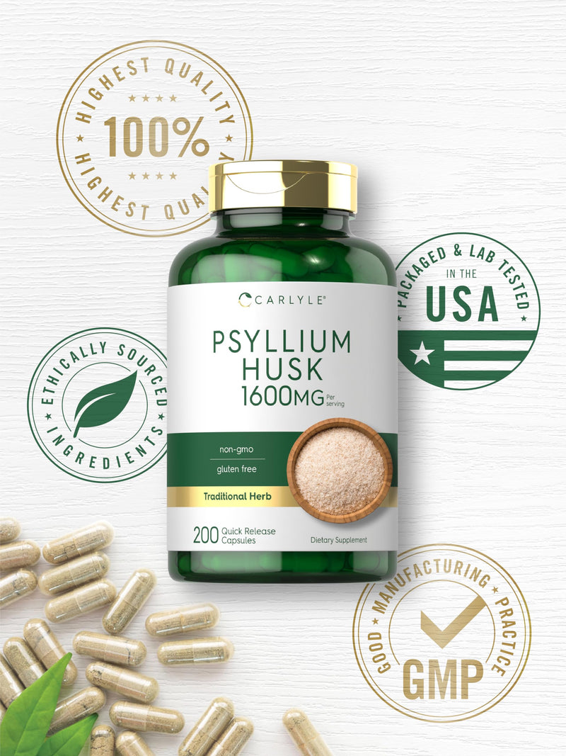 [Australia] - Carlyle Psyllium Husk Capsules 1600mg | 200 Count | High Potency Fiber Supplement | Non-GMO, Gluten Free 