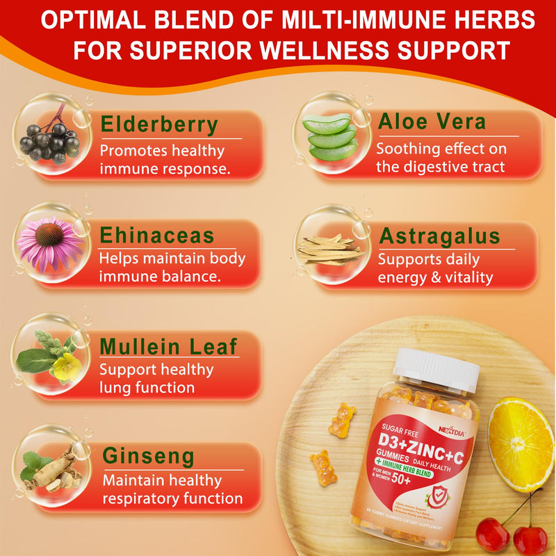 Vitamin C + D3 + Zinc Immune Support Gummies for Adults 50 Plus Elderberry | Vitamin C + D3 + Zinc Gummies for Adults 50 +, Sugar Free Immune Support Supplement w/ Elderberry, Echinacea, Quercetin,1Pack 60 Count (Pack of 2)