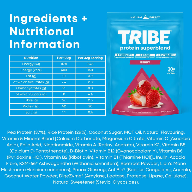 TRIBE Vegan Protein Superblend | 500g | 20g Protein | Recovery, Focus and Digestion | Plant-Based Nutrition Shake | Lion's Mane, Ashwagandha & Magnesium | Berry Flavour