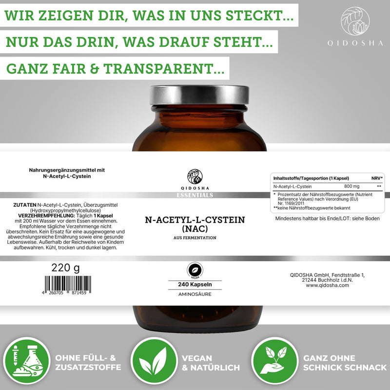 [Australia] - QIDOSHA® NAC 800 capsules high dosage, 240 capsules in a pharmacist jar, 800mg N-acetyl-L-cysteine per capsule, vegan, laboratory tested, German production 
