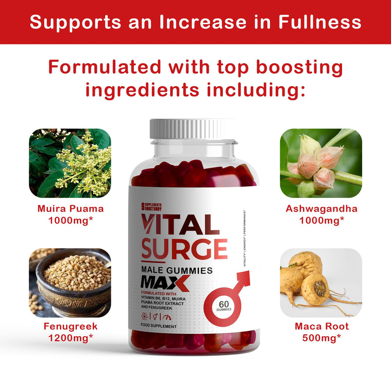 Vital Surge MAX Male Gummies, Maxed Out with Muira Puama and Fenugreek Plus Ashwagandha and Maca, Pack of 60
