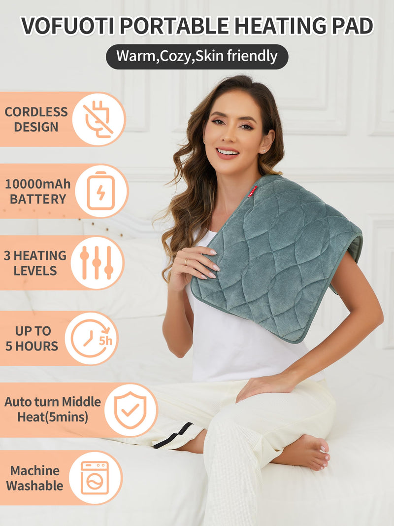 Vofuoti Portable Cordless Electric Heating Pad with 10000mAh Battery | Operated 3 Heat Settings, Rechargeable Wireless Heat Pad for Back,Abdomen,Neck,Outdoor, Gift for Women Men, FSA Eligible HSA Gray 12"x24"