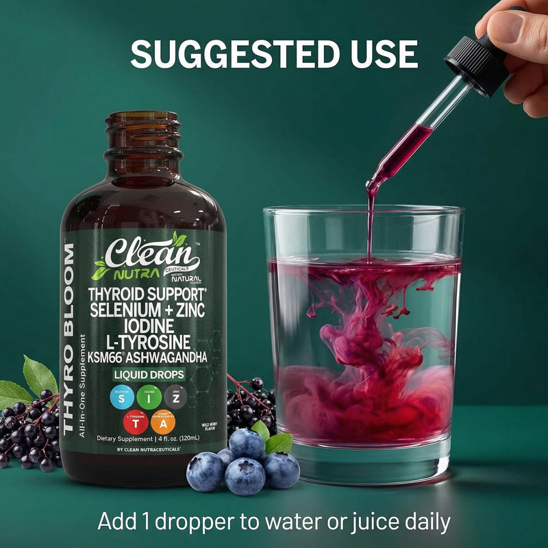 ThyroBloom Thyroid Support for Women Liquid Drops Iodine L-Tyrosine Selenium Copper Ashwagandha Zinc Kelp Bladderwrack Schisandra Guggul Turmeric Vitamin A D3 B12 Folate Supplement by Clean Nutra 4oz Wildberry