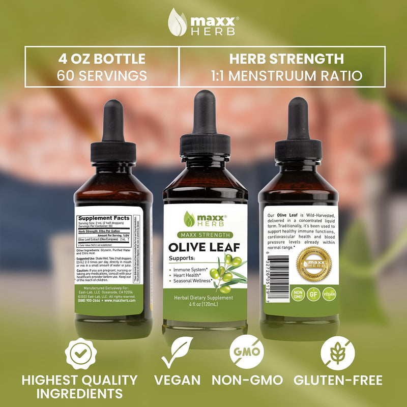[Australia] - Maxx Herb Olive Leaf Extract – Max Strength Oleuropein Liquid Absorbs Better Than Capsules or Tea, for Immune Support, Heart Health, and Seasonal Wellness - 4 Oz Bottle (60 Servings) 4 Fl Oz (Pack of 1) 