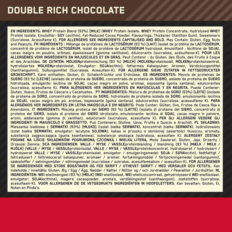 Optimum Nutrition 100% Gold Standard Whey Protein Powder, 24g Protein, Double Rich Chocolate, BCAA, low-sugar, Fast-Digesting Isolate for Muscle Gain & Recovery, 465 g, 15 Servings
