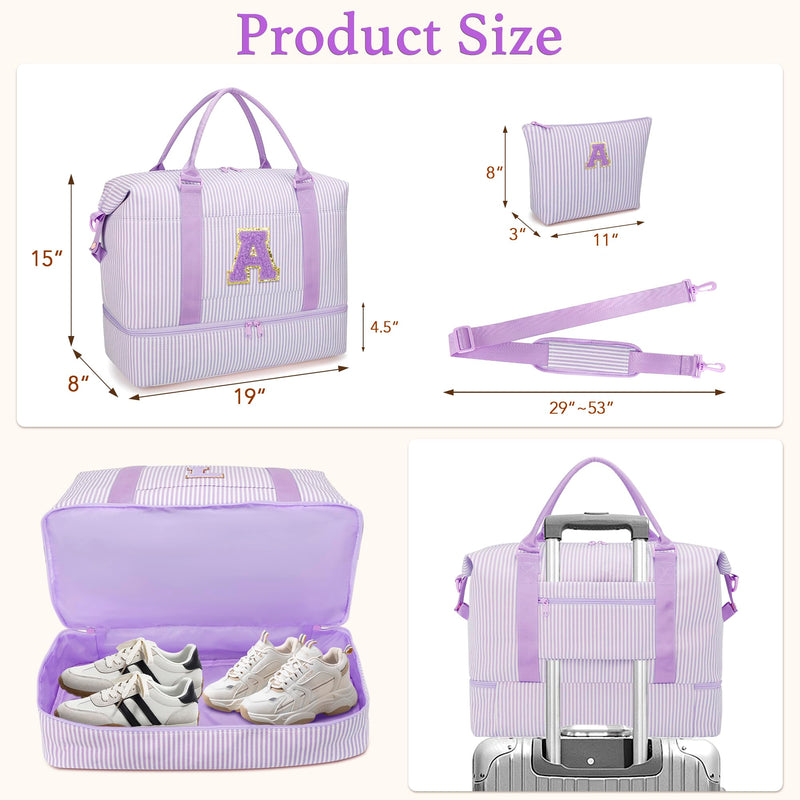 Gifts for Girls Overnight Bag Duffle Bag for Travel(Purple,A) | Overnight Bags Weekender Bag with Shoe Compartment Dance Bag with Makeup Bag for Girls Purple A